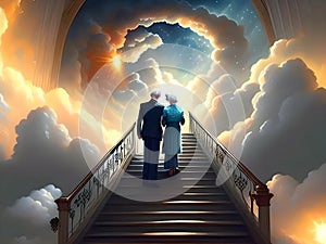 the human figures ascend a stairway of clouds to reach the heaven.