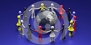 Human figures circle holding hands round earth globe on blue background. International solidarity concept. 3d illustration