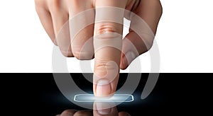 Human Finger Activating Glowing Digital Button on a Dark Screen Interface