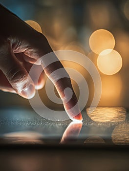A human finger gently touching and interacting with a glowing touchscreen device against a backdrop of warm, blurred lights