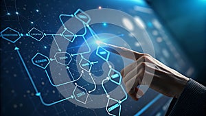 Human finger interacting with digital flowchart touching