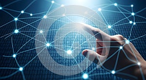 Human Finger Interacting with Digital Network and Binary Code