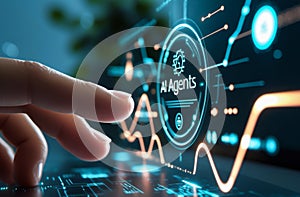 Human finger interacting with futuristic ai agents interface