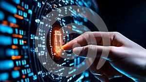 Human Finger Interacting with Futuristic Digital Interface, Data Visualization Concept