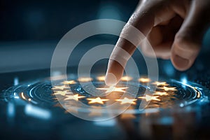 Human finger interacting with a futuristic digital interface displaying glowing stars in a circular pattern representing ratings