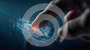 Human finger interacting with a glowing digital fingerprint scanner surrounded by futuristic blue data particles on a dark surface