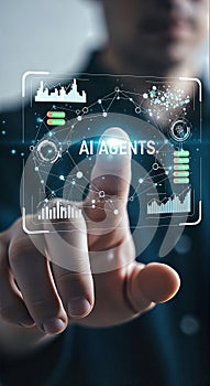 Futuristic AI Agents Interface: Human Hand Interacting with Digital Data