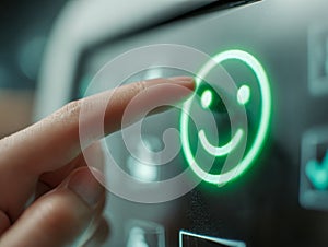 Human finger pressing a glowing green smiley face icon on a digital touchscreen interface, symbolizing positive feedback or
