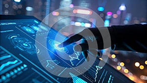 Human finger touches glowing blue digital interface