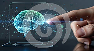 Human Finger Touching Glowing Digital AI Brain Network Interface