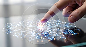 Human finger touching a glowing digital network on a futuristic interface screen