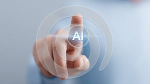 Human finger touching virtual ai interface, demonstrating artificial intelligence concept and interaction future technology