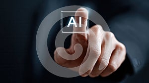 Human finger touching virtual ai interface, demonstrating artificial intelligence concept and technology future interaction