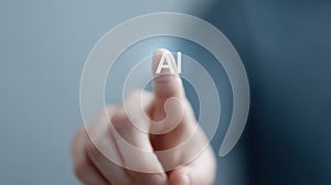Human finger touching virtual ai interface, demonstrating artificial intelligence concept and technology interaction future