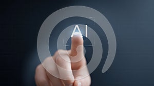 Human finger touching virtual ai interface, demonstrating artificial intelligence technology future and concept interaction