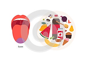 Human five taste infographic. Vector flat modern illustration. Tongue zone map. Sweet meal plate product icon set isolated on