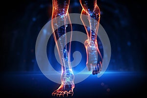 Human foot ankle and leg in x-ray, leg and foot pain, human skeleton, bone, joint scan, 3D rendering of medical screen