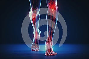 Human foot ankle and leg in x-ray, leg and foot pain, human skeleton, bone, joint scan, 3D rendering of medical screen