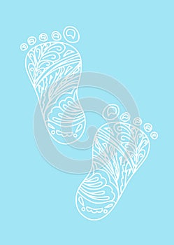 Human Foot print. Vector Illustration. Design element isolated on light blue background. Zentangle and doodle style