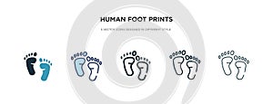 Human foot prints icon in different style vector illustration. two colored and black human foot prints vector icons designed in