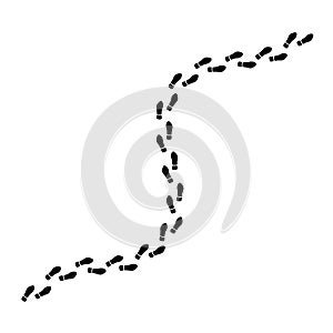 Human foot prints path with tag points. Traveler man boot steps tracking on route isolated on white background. Foot print brush