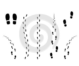 Human footprint from the sole of the boot. Silhouette of the path. Traces of dirt. Vector design element isolated white background