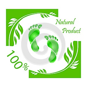 Human footprints icon. Web Set ads of one hundred percent natural products. Green branches and leaves.