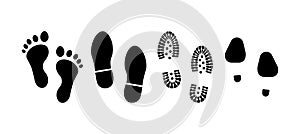 Human Footprints. Set of Footprints with bare feet, boots and womens shoes. Vector illustration.