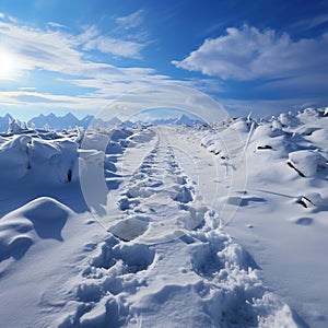 Human footprints in the snow Climbing in the hill