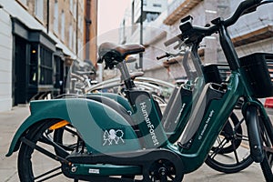 Human Forest bikes parked on a street in Barbican, London, UK