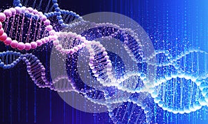 Human genetics concept. Illustration with shiny DNA molecules over blue background