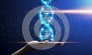 Human genetics concept. Shiny DNA helix in male hand over dark blue background, collage