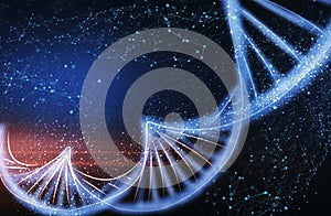 Human genome research. Illustration with DNA double spiral molecule over dark blue background, blank space