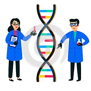 Human genome research. Scientist working with a dna helix, genome or gene structure. Human genome project. Flat style