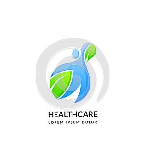 Human with green leaf,  logo sign, emblem design template. Concept for people health care, nature and environment