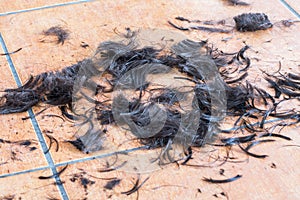 Human hair clippings on the floor.