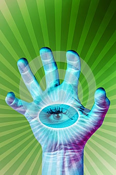 Human hand and all-seeing eye. Surreal illustration for your magic design. Collage of contemporary art.