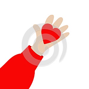 Human hand arm holding red heart shape sign. Close up body part. Happy Valentines day. Greeting card. Flat design. Love soul gift
