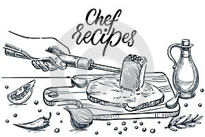 Human hand beats tenderloin steak with kitchen hammer. Cooking meat meal preparation process vector sketch illustration