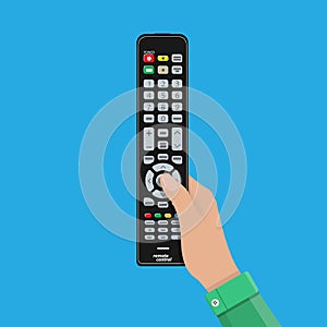 Human hand with black modern remote TV Control