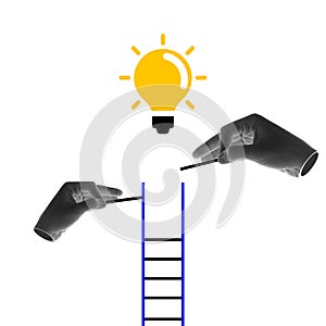 Human hand building ladder to glowing lightbulb. Stepping up to innovation and reaching new heights in career