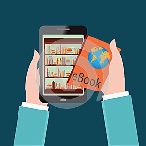 Human hand chooses e Books in the Internet books store in smartphone.