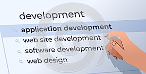 human hand choosing development in search bar on virtual screen application development internet networking