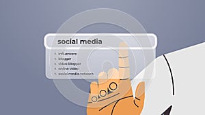 human hand choosing social media in search bar on virtual screen internet networking concept horizontal