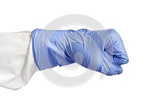 A human hand clench fist in a blue medical glove
