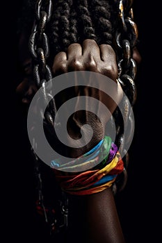 Human hand with a clenched fist, symbolizing strength and power. A metal chain is wrapped around.