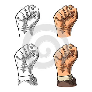 Human hand with a clenched fist. Vector black vintage engraved illustration isolated on a white background. Hand sign