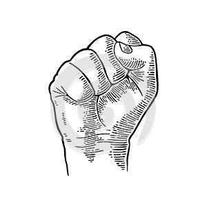 Human hand with a clenched fist. Vector black vintage engraved illustration isolated on a white background. Hand sign for web,