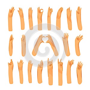 Human hand with collection of signs and hand gestures - ok, love, greetings, peace, waving hands. Man and woman palm
