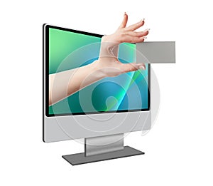 Human hand coming out from computer screen